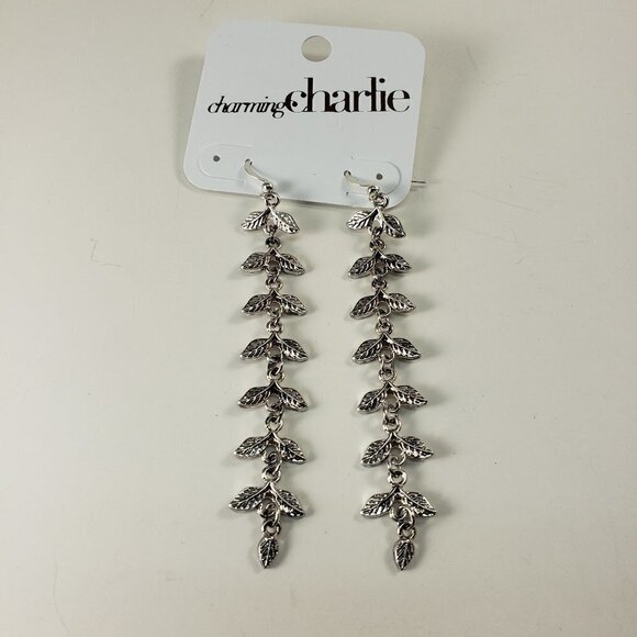 3.75 Inch Textured Metal Leaves Design Drop Dangle Earrings - Silver Tone Finish - Picture 1 of 8